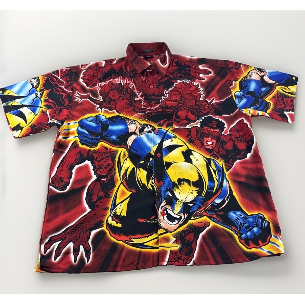 Vintage Marvel X-Men Button Up Shirt Mens XL Wolverine All Over Print Y2K READ